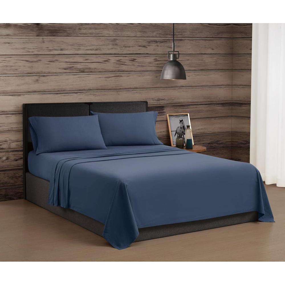 image:imageFrye Vintage Washed 100 Cotton 4Piece Queen Sheet Set in Blue Solid Color OekoTEX CertifiedBlue