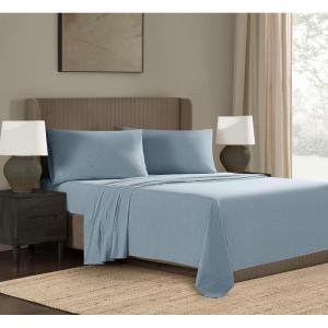 image:imageFrye Dusted Denim Cotton and Polyester Blend 55 Cotton45 Polyester Deep Pocket 4 Piece Queen Sheet Set in White All Season Adult Size OekoTEX CertifiedBlue