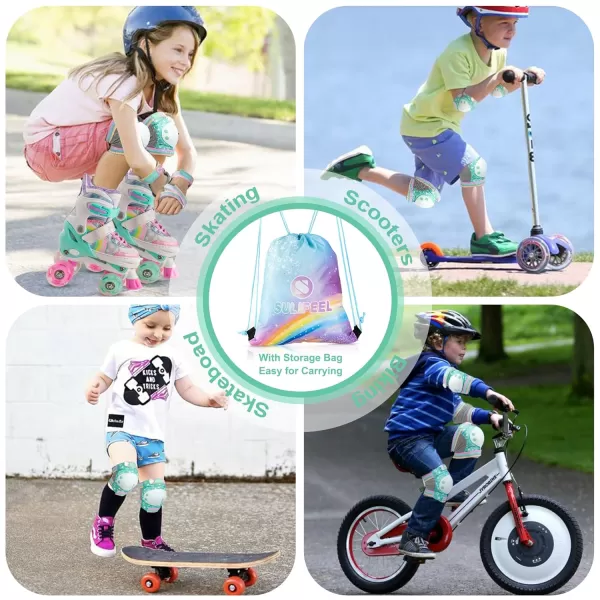 SULIFEEL Rainbow Unicorn Knee Pads for Kids Knee Elbow Pads Wrist Guards with Drawstring Bag Adjustable Protective Gear Set for Girls Roller Skating Bike Cycling Skateboard Scooter Purple Medium