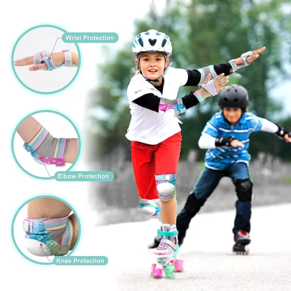 SULIFEEL Rainbow Unicorn Knee Pads for Kids Knee Elbow Pads Wrist Guards with Drawstring Bag Adjustable Protective Gear Set for Girls Roller Skating Bike Cycling Skateboard Scooter Purple Medium