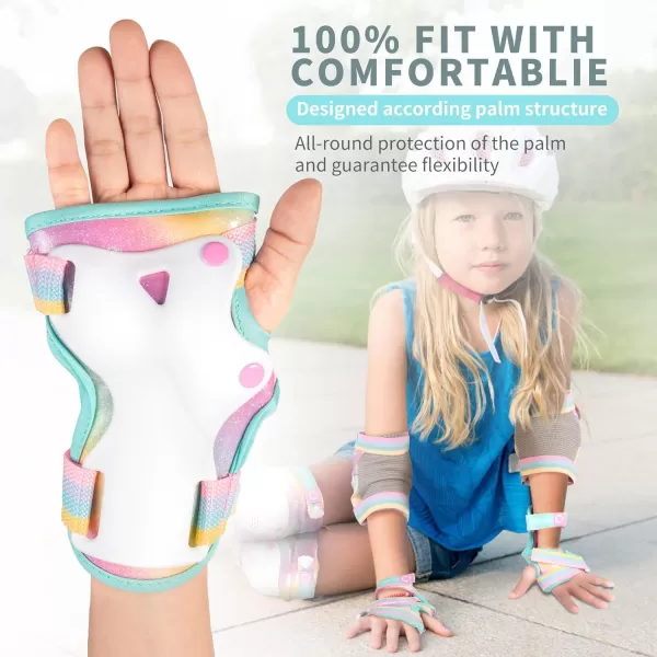 SULIFEEL Rainbow Unicorn Knee Pads for Kids Knee Elbow Pads Wrist Guards with Drawstring Bag Adjustable Protective Gear Set for Girls Roller Skating Bike Cycling Skateboard Scooter Purple Medium