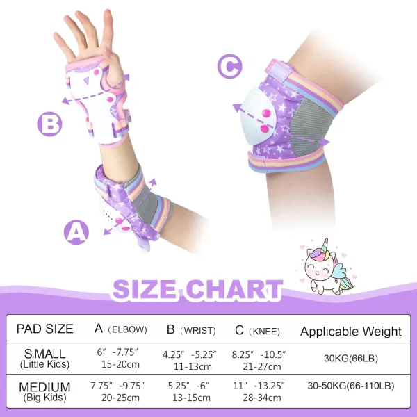 SULIFEEL Rainbow Unicorn Knee Pads for Kids Knee Elbow Pads Wrist Guards with Drawstring Bag Adjustable Protective Gear Set for Girls Roller Skating Bike Cycling Skateboard Scooter Purple Medium