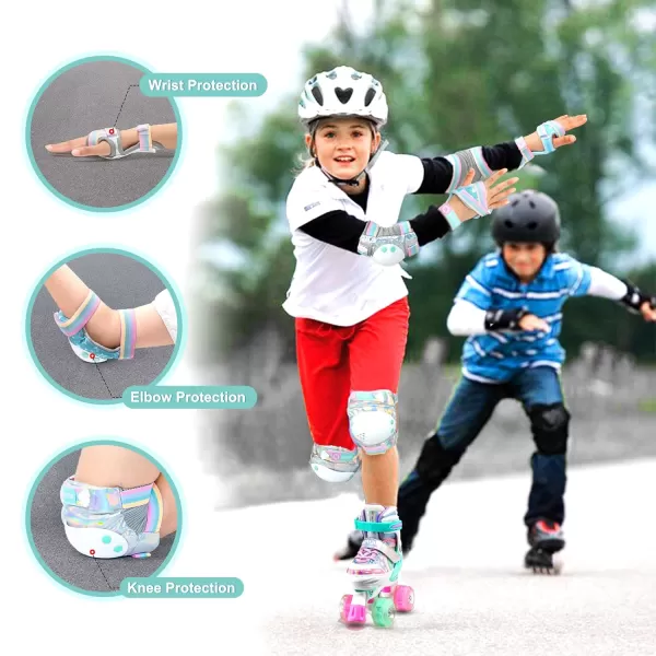 SULIFEEL Rainbow Unicorn Knee Pads for Kids Knee Elbow Pads Wrist Guards with Drawstring Bag Adjustable Protective Gear Set for Girls Roller Skating Bike Cycling Skateboard Scooter Purple Medium