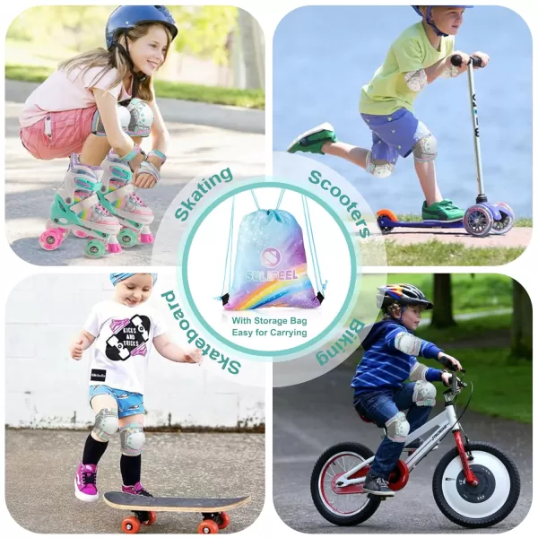 SULIFEEL Rainbow Unicorn Knee Pads for Kids Knee Elbow Pads Wrist Guards with Drawstring Bag Adjustable Protective Gear Set for Girls Roller Skating Bike Cycling Skateboard Scooter Purple Medium