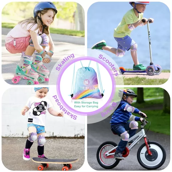 SULIFEEL Rainbow Unicorn Knee Pads for Kids Knee Elbow Pads Wrist Guards with Drawstring Bag Adjustable Protective Gear Set for Girls Roller Skating Bike Cycling Skateboard Scooter Purple Medium
