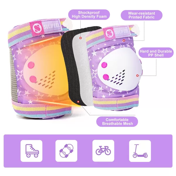 SULIFEEL Rainbow Unicorn Knee Pads for Kids Knee Elbow Pads Wrist Guards with Drawstring Bag Adjustable Protective Gear Set for Girls Roller Skating Bike Cycling Skateboard Scooter Purple Medium