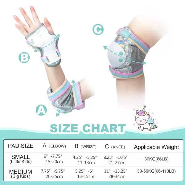 SULIFEEL Rainbow Unicorn Knee Pads for Kids Knee Elbow Pads Wrist Guards with Drawstring Bag Adjustable Protective Gear Set for Girls Roller Skating Bike Cycling Skateboard Scooter Purple Medium