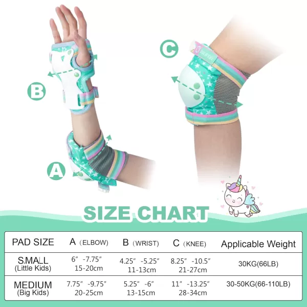 SULIFEEL Rainbow Unicorn Knee Pads for Kids Knee Elbow Pads Wrist Guards with Drawstring Bag Adjustable Protective Gear Set for Girls Roller Skating Bike Cycling Skateboard Scooter Purple Medium
