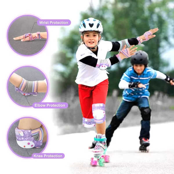 SULIFEEL Rainbow Unicorn Knee Pads for Kids Knee Elbow Pads Wrist Guards with Drawstring Bag Adjustable Protective Gear Set for Girls Roller Skating Bike Cycling Skateboard Scooter Purple Medium