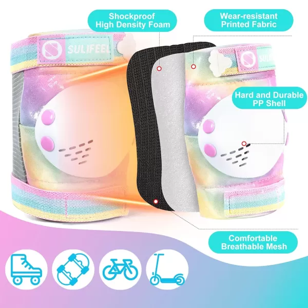 SULIFEEL Rainbow Unicorn Knee Pads for Kids Knee Elbow Pads Wrist Guards with Drawstring Bag Adjustable Protective Gear Set for Girls Roller Skating Bike Cycling Skateboard Scooter Purple Medium