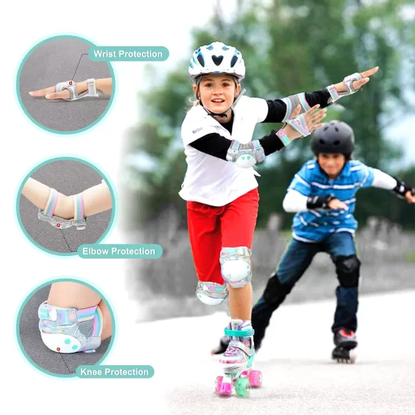 SULIFEEL Rainbow Unicorn Knee Pads for Kids Knee Elbow Pads Wrist Guards with Drawstring Bag Adjustable Protective Gear Set for Girls Roller Skating Bike Cycling Skateboard Scooter Purple Medium