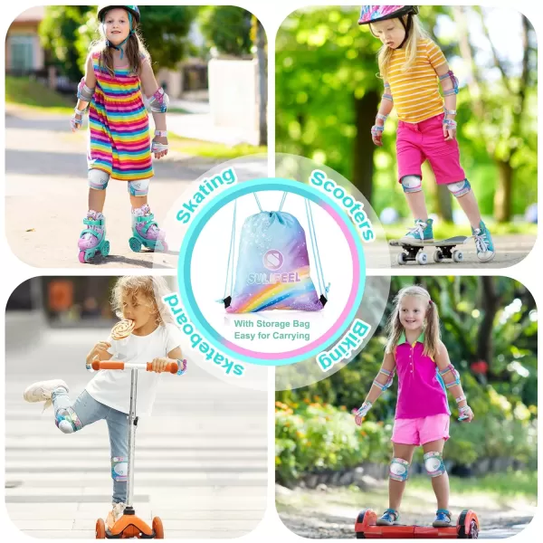 SULIFEEL Rainbow Unicorn Knee Pads for Kids Knee Elbow Pads Wrist Guards with Drawstring Bag Adjustable Protective Gear Set for Girls Roller Skating Bike Cycling Skateboard Scooter Purple Medium