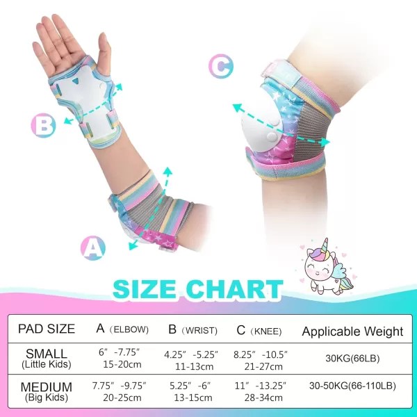 SULIFEEL Rainbow Unicorn Knee Pads for Kids Knee Elbow Pads Wrist Guards with Drawstring Bag Adjustable Protective Gear Set for Girls Roller Skating Bike Cycling Skateboard Scooter Purple Medium