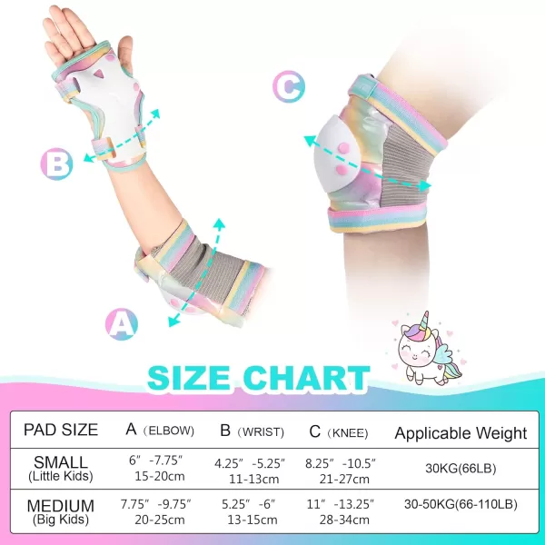 SULIFEEL Rainbow Unicorn Knee Pads for Kids Knee Elbow Pads Wrist Guards with Drawstring Bag Adjustable Protective Gear Set for Girls Roller Skating Bike Cycling Skateboard Scooter Purple Medium