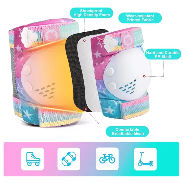 SULIFEEL Rainbow Unicorn Knee Pads for Kids Knee Elbow Pads Wrist Guards with Drawstring Bag Adjustable Protective Gear Set for Girls Roller Skating Bike Cycling Skateboard Scooter Purple Medium