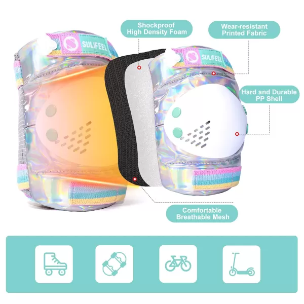 SULIFEEL Rainbow Unicorn Knee Pads for Kids Knee Elbow Pads Wrist Guards with Drawstring Bag Adjustable Protective Gear Set for Girls Roller Skating Bike Cycling Skateboard Scooter Purple Medium