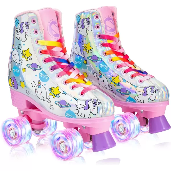SULIFEEL Rainbow Unicorn Roller Skates for Girls Light up Wheels Kids Quad Skates with High Top Reflective TPU Leather Rainbow Unicorn