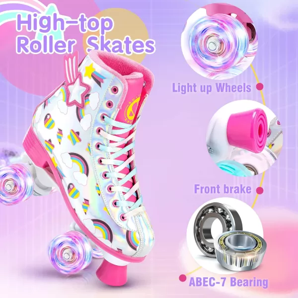 SULIFEEL Rainbow Unicorn Roller Skates for Girls Light up Wheels Kids Quad Skates with High Top Reflective TPU Leather Rainbow Unicorn