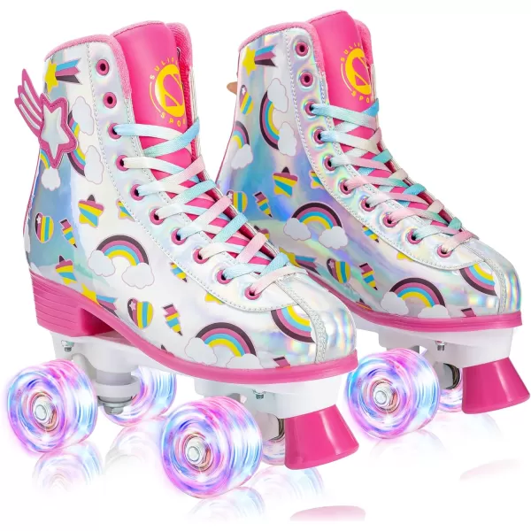 SULIFEEL Rainbow Unicorn Roller Skates for Girls Light up Wheels Kids Quad Skates with High Top Reflective TPU Leather Rainbow Unicorn