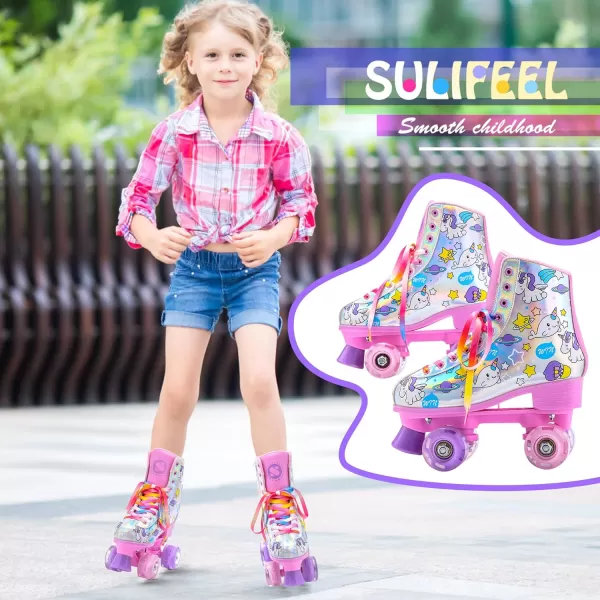 SULIFEEL Rainbow Unicorn Roller Skates for Girls Light up Wheels Kids Quad Skates with High Top Reflective TPU Leather Rainbow Unicorn