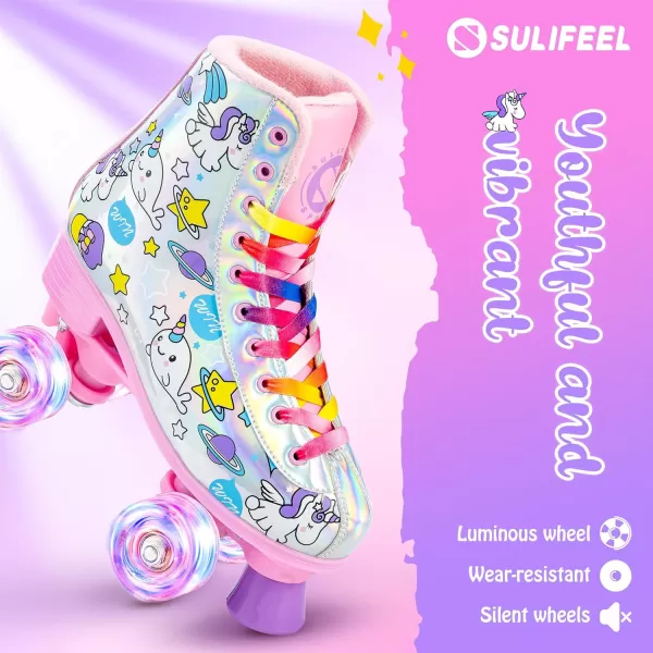 SULIFEEL Rainbow Unicorn Roller Skates for Girls Light up Wheels Kids Quad Skates with High Top Reflective TPU Leather Rainbow Unicorn
