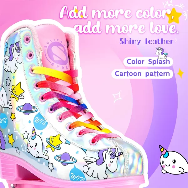 SULIFEEL Rainbow Unicorn Roller Skates for Girls Light up Wheels Kids Quad Skates with High Top Reflective TPU Leather Rainbow Unicorn