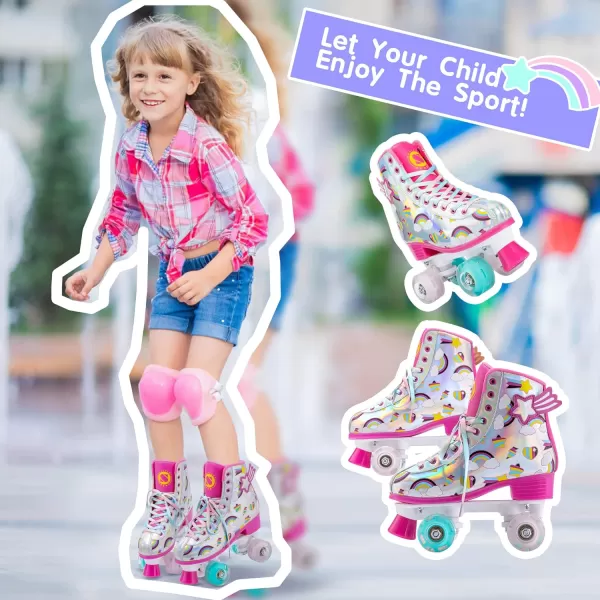 SULIFEEL Rainbow Unicorn Roller Skates for Girls Light up Wheels Kids Quad Skates with High Top Reflective TPU Leather Rainbow Unicorn