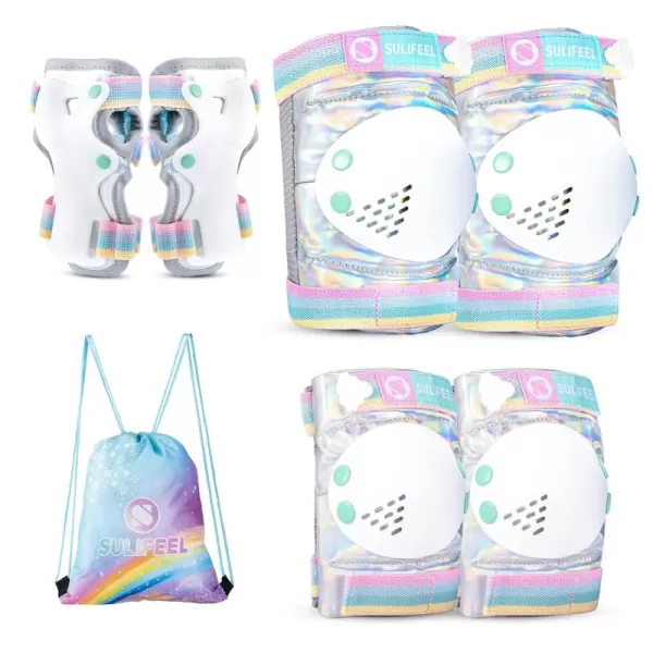 SULIFEEL Rainbow Unicorn Knee Pads for Kids Knee Elbow Pads Wrist Guards with Drawstring Bag Adjustable Protective Gear Set for Girls Roller Skating Bike Cycling Skateboard Scooter Purple Medium