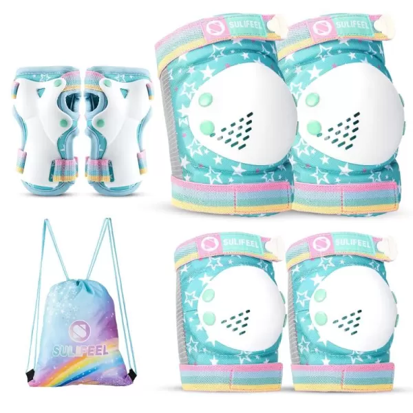 SULIFEEL Rainbow Unicorn Knee Pads for Kids Knee Elbow Pads Wrist Guards with Drawstring Bag Adjustable Protective Gear Set for Girls Roller Skating Bike Cycling Skateboard Scooter Purple Medium