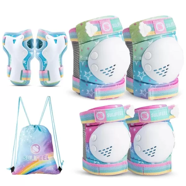 SULIFEEL Rainbow Unicorn Knee Pads for Kids Knee Elbow Pads Wrist Guards with Drawstring Bag Adjustable Protective Gear Set for Girls Roller Skating Bike Cycling Skateboard Scooter Purple Medium