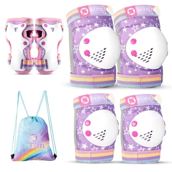SULIFEEL Rainbow Unicorn Knee Pads for Kids Knee Elbow Pads Wrist Guards with Drawstring Bag Adjustable Protective Gear Set for Girls Roller Skating Bike Cycling Skateboard Scooter Purple Medium