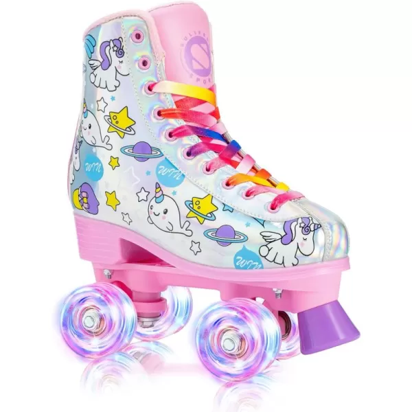 SULIFEEL Rainbow Unicorn Roller Skates for Girls Light up Wheels Kids Quad Skates with High Top Reflective TPU Leather Rainbow Unicorn