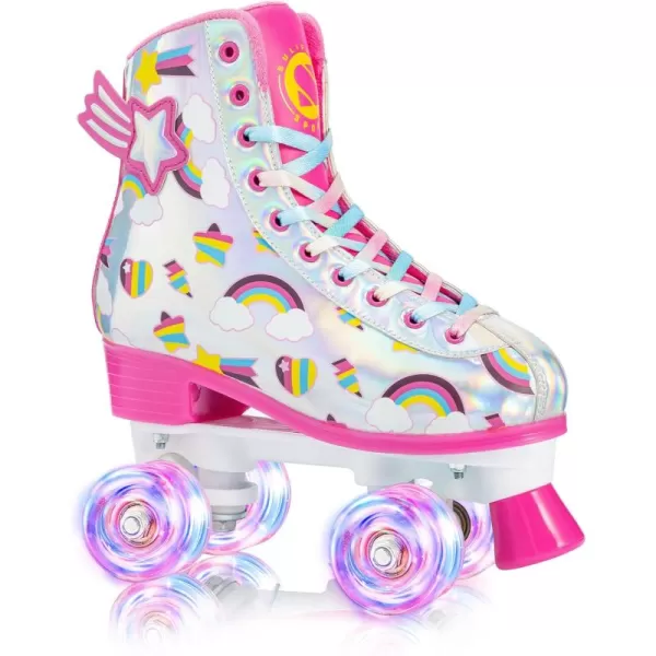 SULIFEEL Rainbow Unicorn Roller Skates for Girls Light up Wheels Kids Quad Skates with High Top Reflective TPU Leather Rainbow Unicorn