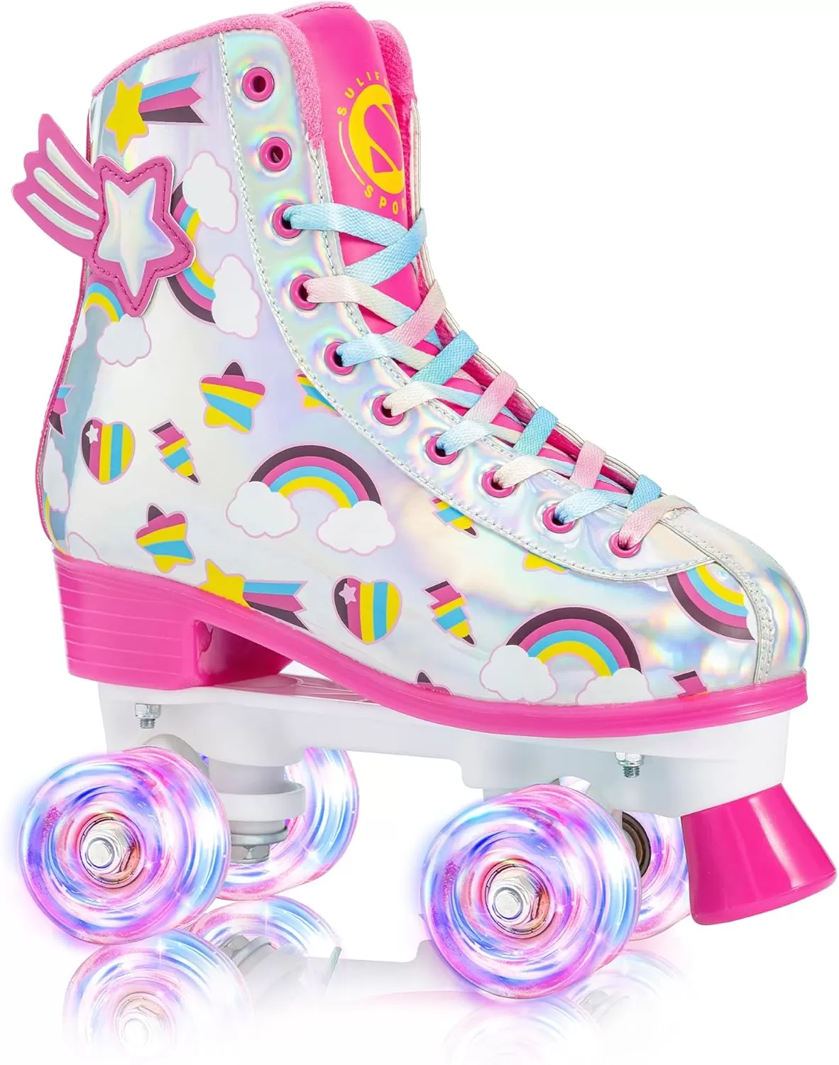 imageSULIFEEL Rainbow Unicorn Roller Skates for Girls Light up Wheels Kids Quad Skates with High Top Reflective TPU Leather Rainbow UnicornRainbow