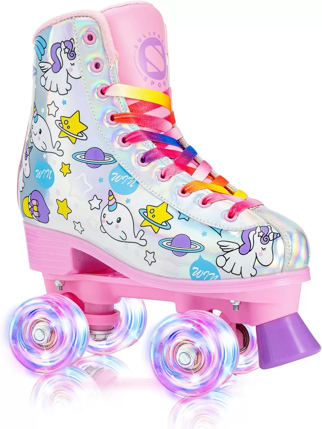 imageSULIFEEL Rainbow Unicorn Roller Skates for Girls Light up Wheels Kids Quad Skates with High Top Reflective TPU Leather Rainbow UnicornUnicorn
