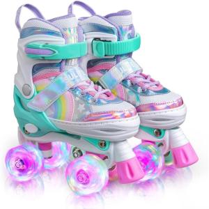 imageSULIFEEL Rainbow Unicorn 4 Size Adjustable Light up Roller Skates for Girls Boys for KidsA Rainbow