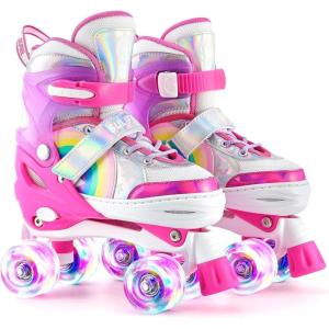imageSULIFEEL Rainbow Unicorn 4 Size Adjustable Light up Roller Skates for Girls Boys for KidsF Pink