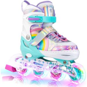 imageSULIFEEL Rainbow Unicorn Inline Skates for Girls Boys 4 Size Adjustable Light up Wheels Skates for Kids BeginnerA Rainbow