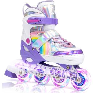 imageSULIFEEL Rainbow Unicorn Inline Skates for Girls Boys 4 Size Adjustable Light up Wheels Skates for Kids BeginnerB Purple