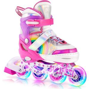 imageSULIFEEL Rainbow Unicorn Inline Skates for Girls Boys 4 Size Adjustable Light up Wheels Skates for Kids BeginnerC Pink