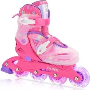 imageSULIFEEL Inline Skates for Girls Kids Ages 310 with Light Up Wheels Adjustable 4 Sizes for Kids Toddler Youth Beginner Indoor ampamp OutdoorRose Red