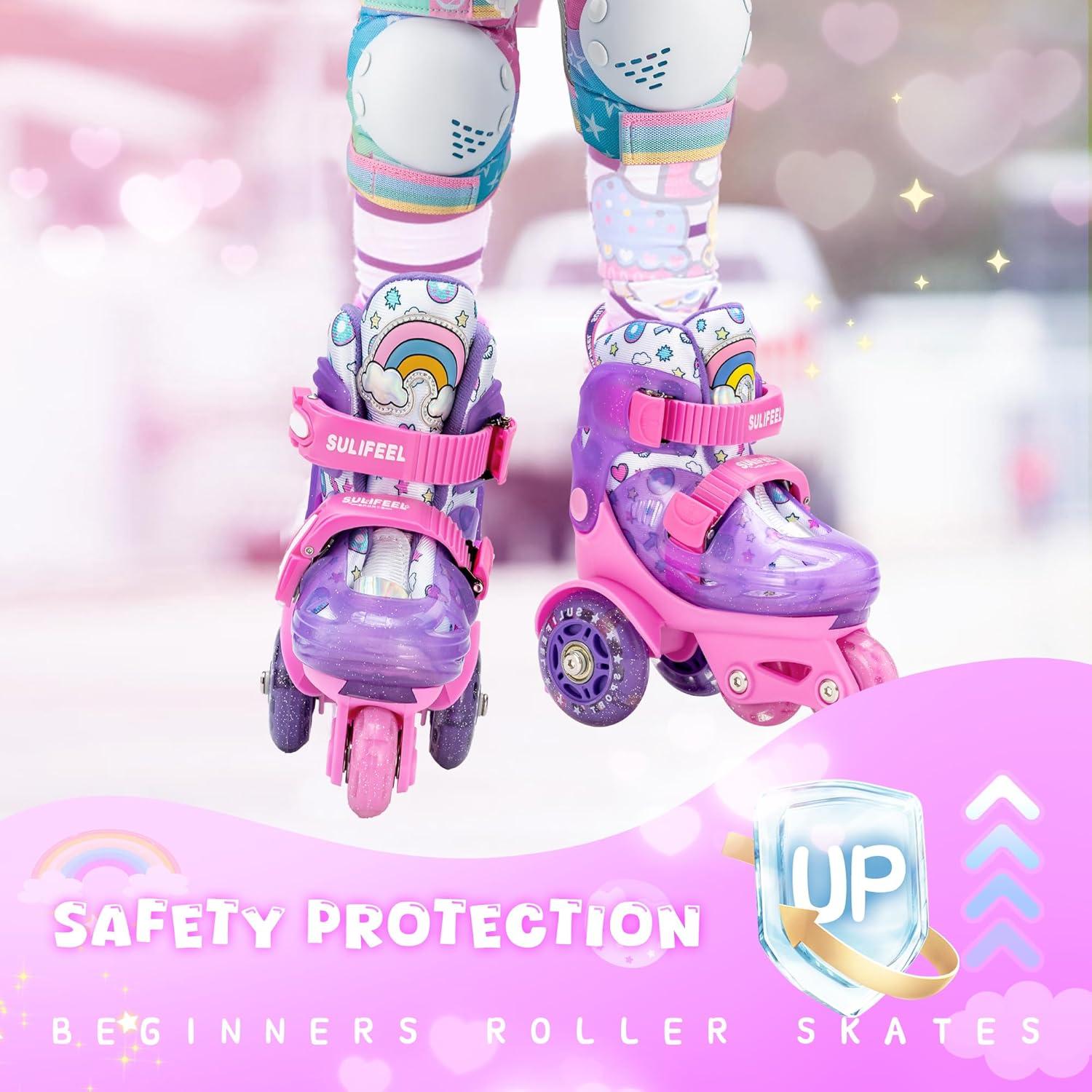 imageSULIFEEL Adjustable Roller Skates for Girls Boys KidsFun Illuminating Light Up Flash Wheels ThreePoint Type Balance Suitable for Beginners Indoor Roller SkatingPurple  Pink
