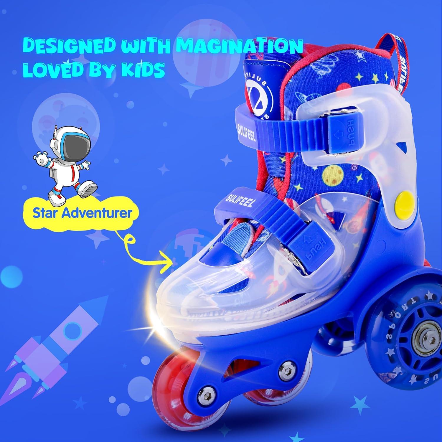 imageSULIFEEL Adjustable Roller Skates for Girls Boys KidsFun Illuminating Light Up Flash Wheels ThreePoint Type Balance Suitable for Beginners Indoor Roller SkatingSpace Blue