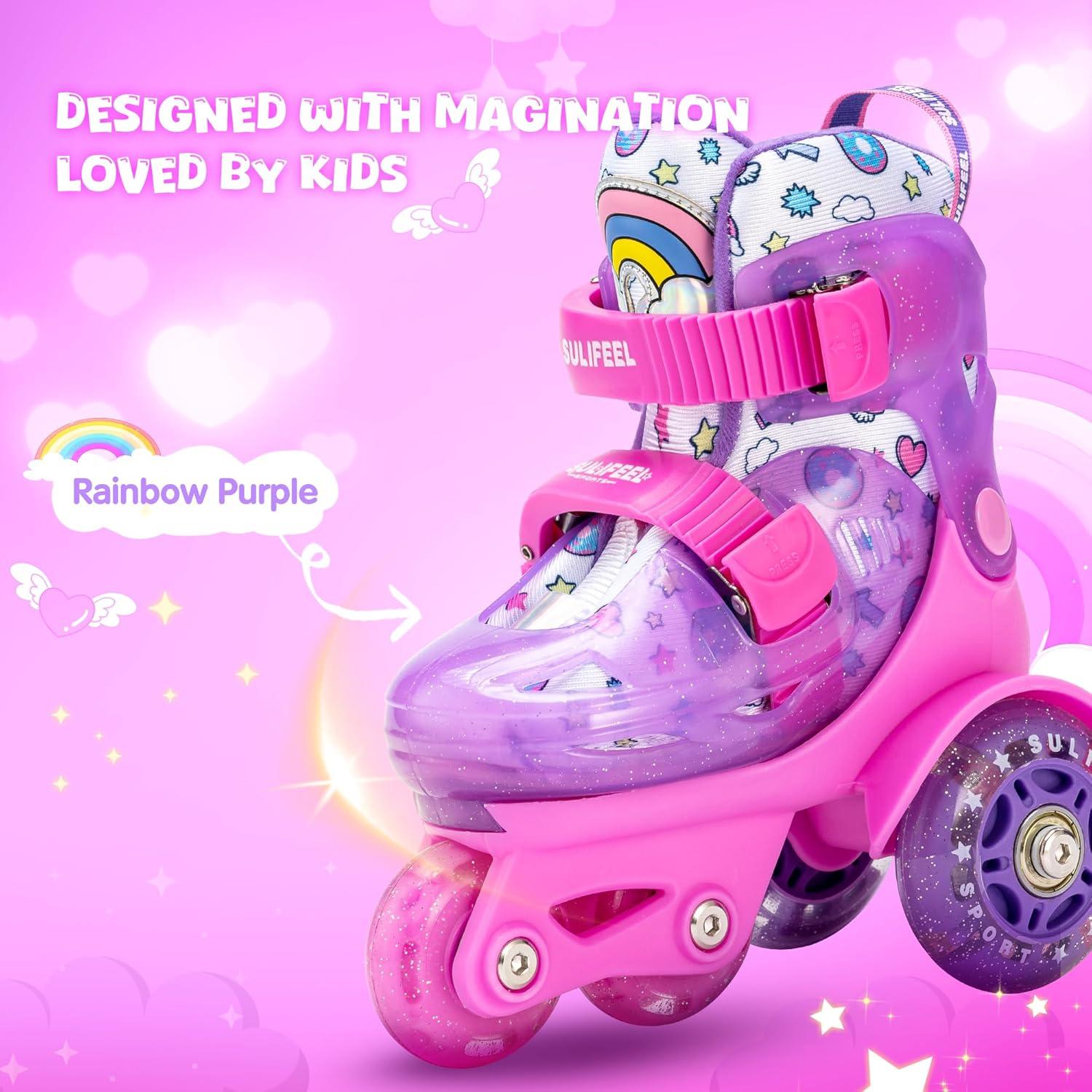 imageSULIFEEL Adjustable Roller Skates for Girls Boys KidsFun Illuminating Light Up Flash Wheels ThreePoint Type Balance Suitable for Beginners Indoor Roller SkatingPurple  Pink