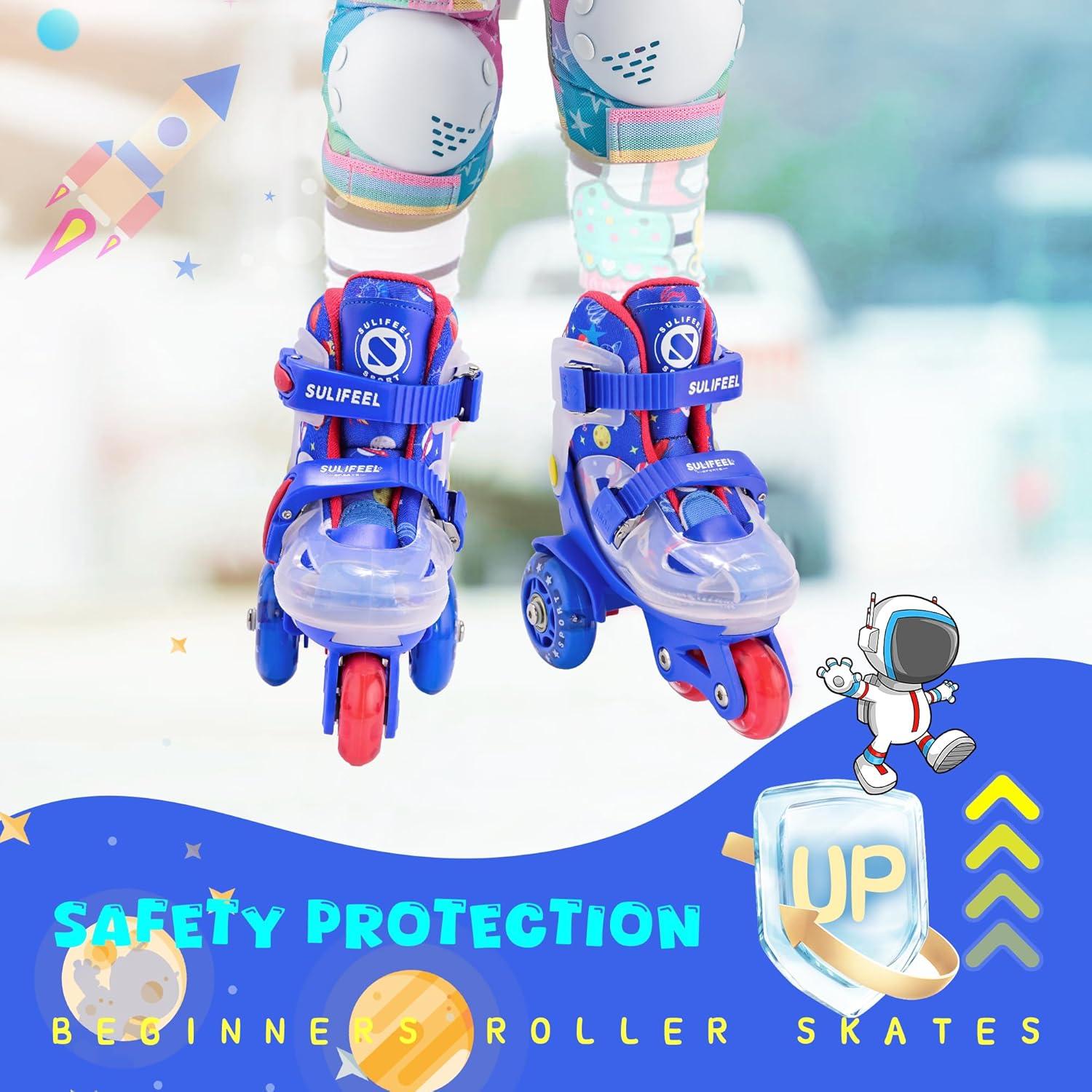 imageSULIFEEL Adjustable Roller Skates for Girls Boys KidsFun Illuminating Light Up Flash Wheels ThreePoint Type Balance Suitable for Beginners Indoor Roller SkatingSpace Blue