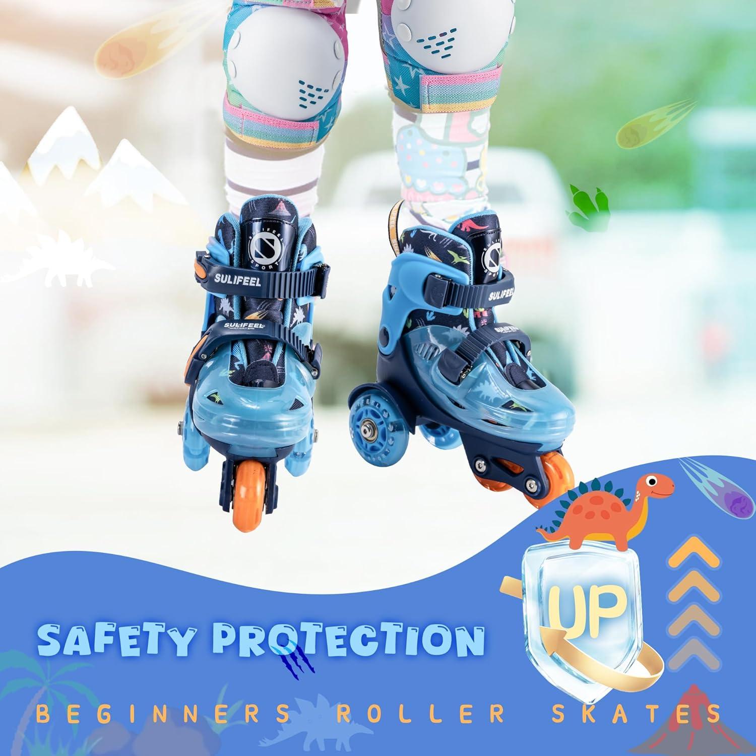 imageSULIFEEL Adjustable Roller Skates for Girls Boys KidsFun Illuminating Light Up Flash Wheels ThreePoint Type Balance Suitable for Beginners Indoor Roller SkatingDinosaur Blue