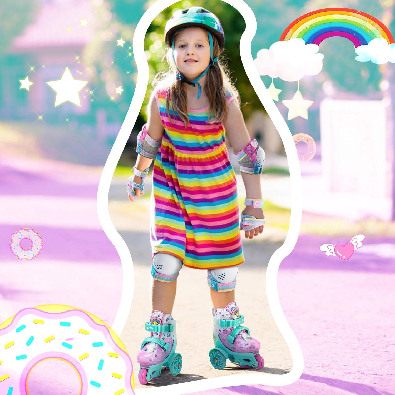 imageSULIFEEL Adjustable Roller Skates for Girls Boys KidsFun Illuminating Light Up Flash Wheels ThreePoint Type Balance Suitable for Beginners Indoor Roller SkatingGreen  Pink