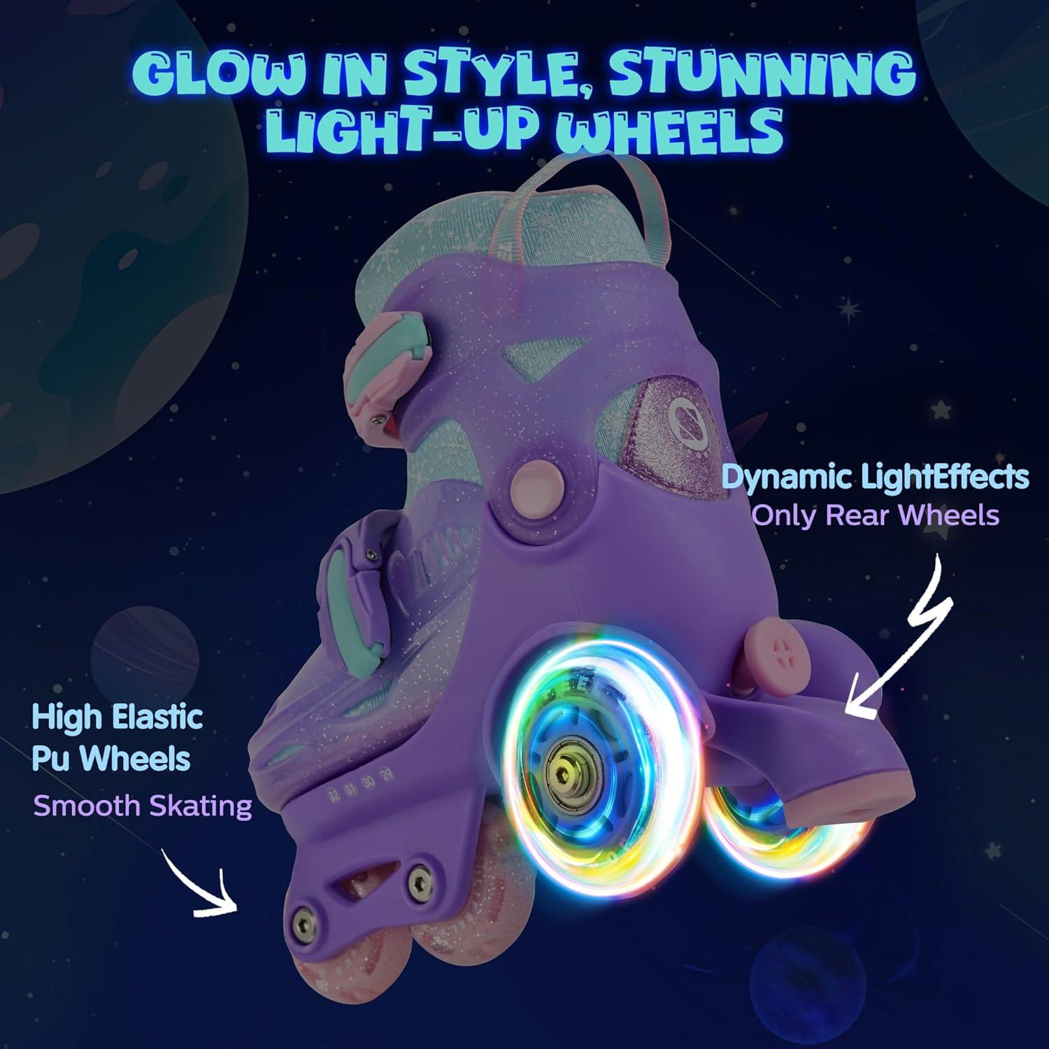 imageSULIFEEL Adjustable Roller Skates for Girls Boys KidsFun Illuminating Light Up Flash Wheels ThreePoint Type Balance Suitable for Beginners Indoor Roller SkatingSnowflake Blue
