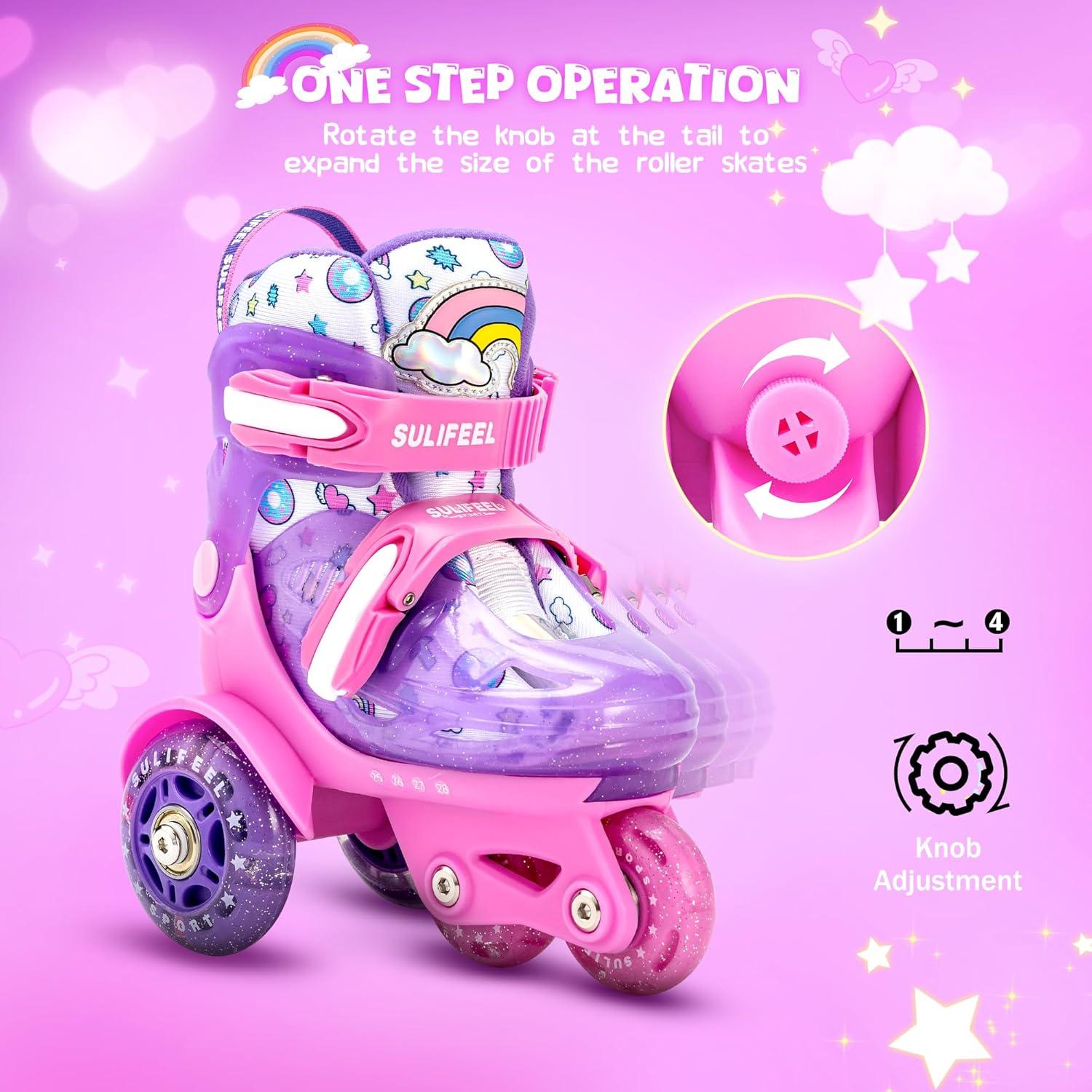 imageSULIFEEL Adjustable Roller Skates for Girls Boys KidsFun Illuminating Light Up Flash Wheels ThreePoint Type Balance Suitable for Beginners Indoor Roller SkatingPurple  Pink