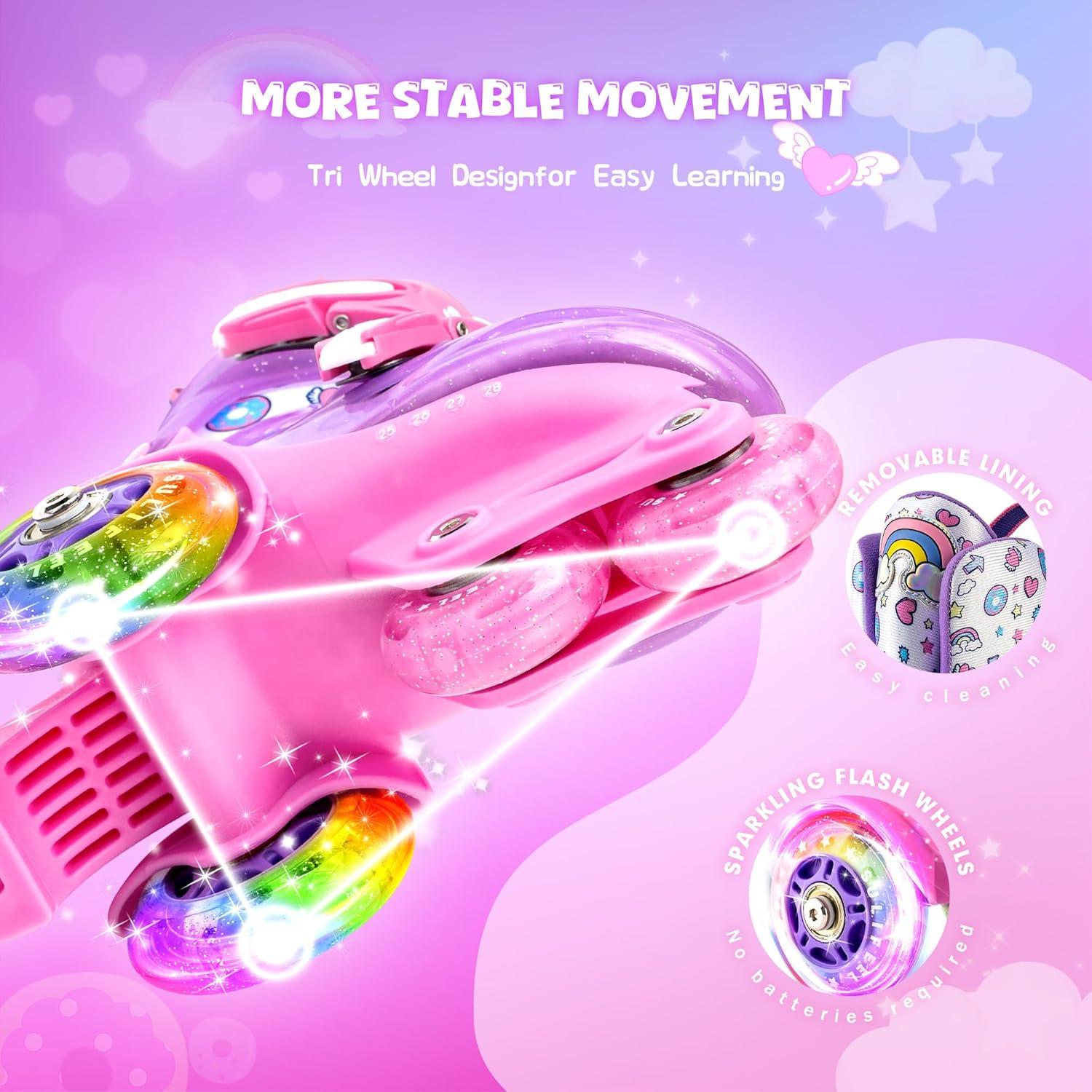 imageSULIFEEL Adjustable Roller Skates for Girls Boys KidsFun Illuminating Light Up Flash Wheels ThreePoint Type Balance Suitable for Beginners Indoor Roller SkatingPurple  Pink